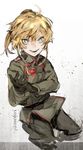  adjusting_clothes adjusting_gloves black_gloves blonde_hair blue_eyes copyright_name cowboy_shot gloves highres hiranko jacket long_sleeves looking_at_viewer military military_uniform parted_lips short_hair slit_pupils smile solo standing tanya_degurechaff uniform youjo_senki 