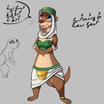  anthro arabic_text barefoot blue_eyes bracelet breasts brown_fur cleavage clothed clothing dialogue female fur grey_background jewelry mammal midriff mustelid open_mouth otter simple_background siroc solo speech_bubble text 