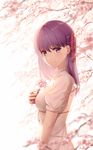 artist_name blurry blush breasts cherry_blossoms closed_mouth depth_of_field dress fate/stay_night fate_(series) flower from_side hair_ribbon holding holding_flower long_hair looking_at_viewer looking_to_the_side matou_sakura medium_breasts purple_eyes purple_hair red_ribbon ribbon rimuu short_sleeves smile solo upper_body watermark web_address white_background white_dress 