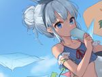  alternate_hairstyle bad_id bad_twitter_id blue_eyes blue_hair blue_sky blue_wings cirno crop_top cropped day eating food hair_bun hair_ribbon hair_up hajin holding holding_food ice ice_wings looking_at_viewer melting outdoors popsicle ribbon sky solo summer tan tanned_cirno touhou wings 
