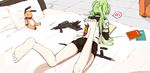  ass asymmetrical_gloves bangs bare_legs bed bed_sheet belt black_footwear black_gloves black_legwear blush book breasts buckle calico_m950 chair choumi_wuti_(xueye_fanmang_zhong) commentary_request elbow_gloves feet_up from_behind full_body girls_frontline gloves gloves_removed green_hair gun hair_between_eyes handgun long_hair looking_at_viewer looking_back lounge_chair lying m950a_(girls_frontline) medium_breasts nape on_stomach pillow pleated_skirt reading red_scarf scarf school_uniform serafuku skirt solo stuffed_animal stuffed_toy thighs twintails unbuckled_belt weapon 