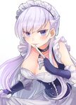  azur_lane bad_id bad_pixiv_id bangs belfast_(azur_lane) blue_eyes blush braid breasts chain cleavage collarbone corset dress eyebrows_visible_through_hair finger_to_mouth french_braid gloves large_breasts long_hair looking_at_viewer maid maid_headdress open_mouth pink_lips silver_hair smile solo temoto very_long_hair white_background white_dress 