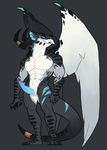  2017 anthro bioluminescence black_scales blue_penis bracelet claws dragon feathered_wings feathers furrypuddingthegreat glowing horn jewelry looking_at_viewer male muscular nude pecs penis scales scar simple_background smile solo standing white_scales wings xerias 