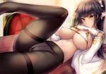  azur_lane bangs bikini_top black_hair black_legwear blunt_bangs blurry blush bow breasts brown_hair chair closed_mouth commentary_request depth_of_field food foreshortening gloves hair_bow hair_flaps hair_ribbon hands_on_own_chest indoors large_breasts leg_up long_hair long_sleeves lying military military_uniform on_back on_table open_clothes open_shirt own_hands_together panties panties_under_pantyhose pantyhose ponytail ribbon satou_daiji shirt solo strap_gap table takao_(azur_lane) thighband_pantyhose underwear uniform white_bikini_top white_gloves white_ribbon white_shirt 