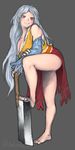  ass bare_legs bare_shoulders barefoot commentary_request detached_sleeves dress full_body gengoroumaru_(ambidextrous) grey_background grey_hair hatchet highres knee_up legs looking_at_viewer multicolored multicolored_clothes multicolored_dress oriental_hatchet red_eyes sakata_nemuno simple_background sketch smile solo standing toes touhou 