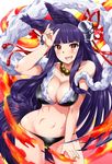  :d animal_ears bangs bell bikini black_bikini blunt_bangs blush breasts commentary cowboy_shot erune fang fire fox_ears fox_shadow_puppet fox_tail fur_trim granblue_fantasy groin hair_bell hair_ornament jingle_bell large_breasts long_hair looking_at_viewer makumaxu navel open_mouth red_eyes smile solo stomach swimsuit tail v-shaped_eyebrows very_long_hair yuel_(granblue_fantasy) 