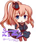  :d anchor_choker blue_eyes breast_pocket brown_hair character_name chibi commentary_request kantai_collection long_hair looking_at_viewer mochimako open_mouth pocket remodel_(kantai_collection) saratoga_(kantai_collection) smile solo 