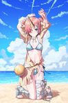  absurdres arms_up ass_visible_through_thighs bandages beach bikini blue_eyes blue_sky breasts cleavage cloud commentary_request covered_nipples day fate/grand_order fate_(series) frankenstein's_monster_(fate) frankenstein's_monster_(swimsuit_saber)_(fate) hair_over_one_eye highres horn kneeling medium_breasts navel ocean outdoors pink_hair sandals sarong side-tie_bikini sky smile solo swimsuit swimsuit_under_clothes ten_no_hoshi underboob 