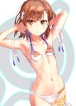  arm_ribbon armpits arms_behind_head arms_up bangs bikini blurry blush body_writing breasts brown_eyes brown_hair clothes_writing collarbone commentary_request cowboy_shot dennou_senki_virtual-on depth_of_field english eyebrows_visible_through_hair flower hair_flower hair_ornament hairpin hips leg_tattoo logo looking_at_viewer medium_hair misaka_mikoto navel number parted_lips print_bikini raika9 ribbon skindentation small_breasts solo standing swimsuit tattoo thigh_ribbon to_aru_majutsu_no_index to_aru_majutsu_no_virtual-on twitter_username white_background white_bikini white_flower white_ribbon 