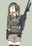  1girl bipod blue_eyes brown_hair bulletproof_vest chinese_commentary commentary_request drinking drinking_straw english_text etmc1992 gloves gun handgun headset highres holding holding_gun holding_weapon holster holstered_weapon juice_box original pistol rifle short_shorts shorts sniper_rifle solo thighhighs twintails weapon 