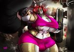  abs anthro areola big_breasts breasts bulge canine clothing dickgirl djpuppeh huge_breasts intersex mammal nipple_bulge punching_bag solo standing thick_thighs tight_clothing voluptuous wide_hips 