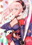  &gt;:) asymmetrical_hair autumn_leaves blue_eyes blush breasts detached_sleeves earrings fate/grand_order fate_(series) hair_ornament highres japanese_clothes jewelry katana kimono large_breasts leaf looking_at_viewer midriff miyamoto_musashi_(fate/grand_order) navel pink_hair ponytail sash solo sword v-shaped_eyebrows wakutsu weapon 