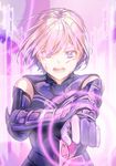  bare_shoulders blood blood_on_face bodysuit cuts elbow_gloves eyebrows_visible_through_hair fate/grand_order fate_(series) gloves highres injury mash_kyrielight open_mouth purple_eyes purple_hair saijou_haruki short_hair solo wrist_grab 
