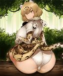  animal_ears ass bad_anatomy breasts brown_eyes brown_hair commentary_request eyebrows_visible_through_hair forest from_behind fur_collar highres huge_ass huge_breasts jaguar_(kemono_friends) jaguar_ears jaguar_print jaguar_tail kemono_friends looking_at_viewer looking_back nature panties print_legwear sekiyu_(spartan) short_hair sitting skirt solo tail thick_thighs thighhighs thighs trefoil underwear white_panties 