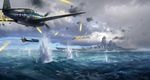  airplane battleship cloud cloudy_sky commentary day flying highres historical_event ling_xiang military military_vehicle no_humans ocean original outdoors scenery seascape ship signature sky tbf_avenger torpedo war warship water watercraft waves yamato_(battleship) 