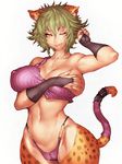  arm_up bare_shoulders black_gloves breasts bridal_gauntlets cameltoe cheetah_ears commentary_request covering covering_one_breast curvy fumio_(rsqkr) fur gloves hips large_breasts looking_at_viewer midriff navel one_eye_closed paw_pose scar short_hair simple_background smile solo tail thighs white_background wide_hips yellow_eyes 