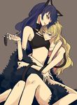  animal_ears black_hair black_nails blake_belladonna blonde_hair cat_ears cat_girl collar fingernails grey_background highres hug legs long_hair multiple_girls nail_polish ponekusan purple_eyes rwby simple_background tongue tongue_out waist_hug yang_xiao_long yellow_eyes yuri 