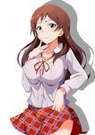  absurdres blush breasts brown_eyes brown_hair cleavage highres idolmaster idolmaster_million_live! j.roswel kitazawa_shiho large_breasts lifted_by_self long_hair looking_at_viewer parted_lips school_uniform shadow skirt skirt_lift smile solo white_background 