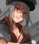  breasts gangut_(kantai_collection) grey_background grey_hair haduki_tohru hair_between_eyes hat jacket kantai_collection large_breasts long_hair military military_hat military_jacket military_uniform open_clothes open_jacket red_eyes red_shirt remodel_(kantai_collection) shirt smile solo uniform 