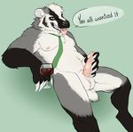  2017 alcohol amedrinix anthro badger balls beverage boozybadger dialogue english_text erection hi_res looking_at_viewer male mammal mustelid necktie nipples nude penis precum sitting solo text tongue tongue_out vein veiny_penis wine wine_glass 