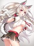  animal_ears ass azur_lane braid breasts claw_pose commentary_request fake_animal_ears fangs fingerless_gloves frilled_skirt frills gloves highres kon_(k0n16) long_hair looking_at_viewer medium_breasts midriff nail_polish one_side_up open_mouth paw_hair_ornament pleated_skirt red_eyes school_uniform serafuku silver_hair single_braid skirt solo tail tattoo underboob wolf_tail yuudachi_(azur_lane) 