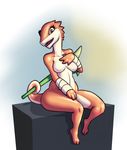  anthro arm_wraps breasts brown_eyes curling_tail drauk ever_oasis featureless_breasts female hand_on_chest melee_weapon miura nintendo nude open_mouth retro_parasite scalie simple_background sitting solo teeth two_tone_body two_tone_tail video_games weapon white_background wide_hips wraps 