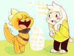  2016 anthro armless asriel_dreemurr barefoot blush boss_monster bottomless caprine child clothed clothing cub duo english_text eyes_closed fur goat green_eyes long_ears male mammal monster_kid open_mouth pkbunny reptile scalie simple_background standing striped_clothing stripes text undertale video_games white_fur young 