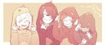 2girls bandaid bandaid_on_face brown_background closed_eyes cosplay covering_face dinosaur flower_(vocaloid) fukase hair_over_one_eye highres hood kigurumi long_hair mi_no_take monochrome multiple_boys multiple_girls sepia sf-a2_miki simple_background upper_body utatane_piko vocaloid 