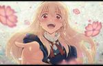  :d aikatsu! aikatsu!_(series) blonde_hair blush bow flower hair_bow hair_ribbon hairband hoshimiya_ichigo kiritsuki_(crux) long_hair looking_at_viewer open_mouth reaching_out red_eyes ribbon smile solo 