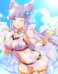  ;) animal_ears bangs bikini blue_eyes blue_sky blunt_bangs blush bracelet breasts commentary_request cowboy_shot day erune granblue_fantasy hair_ornament jewelry korwa large_breasts leaning_forward left-handed long_hair looking_at_viewer makumaxu ocean one_eye_closed parted_lips quill silver_hair sky smile solo sunlight swimsuit white_bikini 