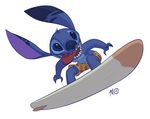  2017 4_fingers abdullah_moatasem alien blue_claws blue_eyes blue_fur blue_nose claws clothed clothing disney experiment_(species) fur happy head_tuft hi_res lilo_and_stitch open_mouth open_smile semi-anthro signature simple_background smile stitch surfboard surfing swimming_trunks swimsuit tongue tongue_out topless tuft white_background 