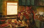  2017 anthro arkomeda big_breasts blush breasts clothed clothing cub duo feeding female fur gouache hair hi_res inside mammal morning obese open_mouth overweight partially_clothed tongue tongue_out traditional_media_(artwork) young 