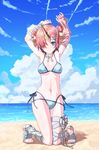  absurdres arms_up ass_visible_through_thighs bandages beach bikini blue_eyes blue_sky breasts cleavage cloud covered_nipples day fate/grand_order fate_(series) frankenstein's_monster_(fate) frankenstein's_monster_(swimsuit_saber)_(fate) groin hair_over_one_eye highres horn kneeling medium_breasts navel ocean outdoors pink_hair sandals side-tie_bikini sky smile solo swimsuit swimsuit_under_clothes ten_no_hoshi underboob 