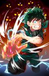  attacking_viewer bangs belt bodysuit boku_no_hero_academia boots bruise bruise_on_face burnt clenched_teeth commentary electricity full_body green_bodysuit green_eyes green_hair green_pants highres injury looking_at_viewer magister_(medical_whiskey) male_focus mask mask_removed midoriya_izuku pants red_footwear sanpaku solo_focus sparks tears teeth torn_clothes wide-eyed 