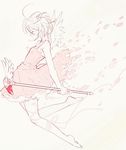  absurdres ahoge bare_arms bare_shoulders barefoot cardcaptor_sakura closed_eyes dress flying from_side full_body highres holding holding_wand kinomoto_sakura magical_girl miemia monochrome pink_background pink_dress profile short_hair sketch solo two_side_up wand 