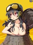  :o areolae black_hair breasts dog_tags goggles goggles_on_head hair_between_eyes hair_censor hair_over_breasts heart helmet kerberos_blade large_breasts long_hair looking_away official_art pink_eyes ryoji_(nomura_ryouji) solo topless 