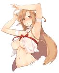  areolae arm_strap armpits arms_up artist_name asuna_(sao) braid breasts brown_eyes brown_hair cleavage covered_nipples crop_top crop_top_overhang cropped_torso eyebrows_visible_through_hair highres kurowa large_breasts long_hair looking_at_viewer navel parted_lips pinky_out pointy_ears see-through side_braid simple_background smile solo sweat sword_art_online titania_(sao) underboob white_background 