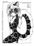  1995 anthro breasts cleavage clothed clothing english_text feline female greyscale hair leopard mammal michele_light monochrome nude simple_background snow_leopard solo text white_background 