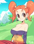  1girl artist_name bare_shoulders belt blue_sky blush breasts brown_eyes cleavage cloud collarbone corset day dragon_quest dragon_quest_viii earrings hair_tubes jessica_albert large_breasts long_sleeves looking_to_the_side mountain mrsteak off-shoulder_shirt orange_hair outdoors purple_shirt red_skirt shirt sitting skirt sky smile solo text translated tree twintails watermark 