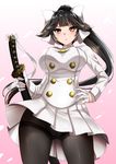  :o azur_lane bangs black_hair blush bow breasts brown_eyes commentary_request cowboy_shot hair_bow hair_flaps hand_on_hip holding holding_sword holding_weapon katana large_breasts long_hair long_sleeves looking_at_viewer makumaxu military military_uniform miniskirt pantyhose parted_lips pleated_skirt ponytail skirt solo sword takao_(azur_lane) thighband_pantyhose uniform v-shaped_eyebrows weapon 