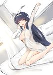  absurdres armor bangs bare_legs barefoot bed bed_sheet black_hair blush bo_li_wei_ling breasts cleavage dutch_angle eyebrows_visible_through_hair girls_frontline hair_ribbon hairband highres indoors long_hair long_sleeves looking_at_viewer medium_breasts naked_shirt no_bra on_bed one_eye_closed pillow qbz-95_(girls_frontline) ribbon shirt sitting solo stretch very_long_hair wariza white_hairband white_ribbon yawning yellow_eyes 