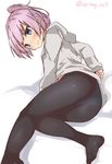  black_legwear blue_eyes commentary_request grey_hoodie highres kantai_collection lying on_side panties panties_under_pantyhose pantyhose pantyshot pink_hair shiranui_(kantai_collection) solo spring_oct sweatdrop twitter_username underwear white_hoodie 