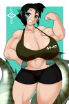  2019 animal_humanoid big_breasts black_hair blue_eyes breasts cleavage clothed clothing female flexing hair humanoid kloudmutt muscular muscular_female reptile scales scalie shorts slit_pupils solo 