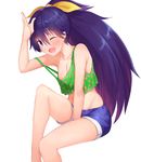  ;d absurdres areola_slip areolae arm_up bangs bare_arms bare_legs bare_shoulders between_legs blue_eyes blue_shorts blush boruhis breasts camisole casual cleavage collarbone denim denim_shorts eyebrows_visible_through_hair ganaha_hibiki hair_between_eyes hair_ribbon hand_between_legs hand_on_forehead highres idolmaster idolmaster_(classic) invisible_chair knee_up long_hair looking_at_viewer medium_breasts one_eye_closed open_mouth polka_dot ponytail purple_hair ribbon shorts simple_background sitting smile solo strap_slip tank_top very_long_hair white_background yellow_ribbon 