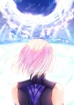  bare_shoulders blue_skirt cloud elbow_gloves fate/grand_order fate_(series) from_behind gloves highres light_rays mash_kyrielight purple_hair saijou_haruki short_hair skirt solo upper_body 