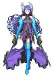  absurdres blue_footwear blue_gloves blue_hair boots breasts cleavage closed_eyes collarbone dress dual_wielding elbow_gloves floating_hair full_body gloves highres holding holding_sword holding_weapon kagutsuchi_(xenoblade) knife long_hair medium_breasts multicolored_hair navel purple_dress purple_hair saitou_masatsugu school_uniform sheath simple_background sleeveless sleeveless_dress smile solo standing sword thigh_boots thighhighs two-tone_hair very_long_hair weapon white_background xenoblade_(series) xenoblade_2 