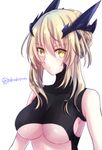  artoria_pendragon_(all) artoria_pendragon_(lancer_alter) bangs bare_shoulders black_sweater blonde_hair braid breasts bright_pupils closed_mouth cropped_sweater eyebrows_visible_through_hair fate/grand_order fate_(series) headgear highres large_breasts long_hair looking_at_viewer ribbed_sweater simple_background solo sweater sweater_vest tanaji turtleneck turtleneck_sweater twitter_username underboob upper_body white_background yellow_eyes 