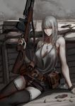 assault_rifle bare_shoulders belt black_legwear breasts bullet can cigarette cigarette_box cleavage dog_tags earrings grey_eyes grey_hair gun highres holding holding_gun holding_weapon jewelry jittsu large_breasts long_hair looking_at_viewer magazine_(weapon) military original pouch rifle shorts sitting solo tank_top thighhighs trench weapon 