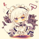  azur_lane belfast_(azur_lane) blue_eyes braid chibi french_braid long_hair looking_at_viewer machinery maid maid_headdress muuran signature solo squiggle translation_request turret white_hair 