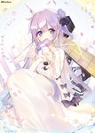  atsumi_jun azur_lane bangs blunt_bangs blush closed_mouth dress gloves hair_ribbon legs_together long_hair petals purple_eyes purple_hair ribbon side_bun sidelocks sitting sleeves_past_wrists smile stuffed_toy stuffed_unicorn tareme twitter_username unicorn unicorn_(azur_lane) wavy_hair white_dress 